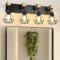 4-Light Vanity Light for Bathroom, Farmhouse Wood Vanity Light