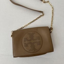 Tory Burch Tan Taupe Brown Leather Bag Purse Crossbody With Gold Hardware