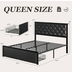 Black queen bed frame w tufted headboard & storage
