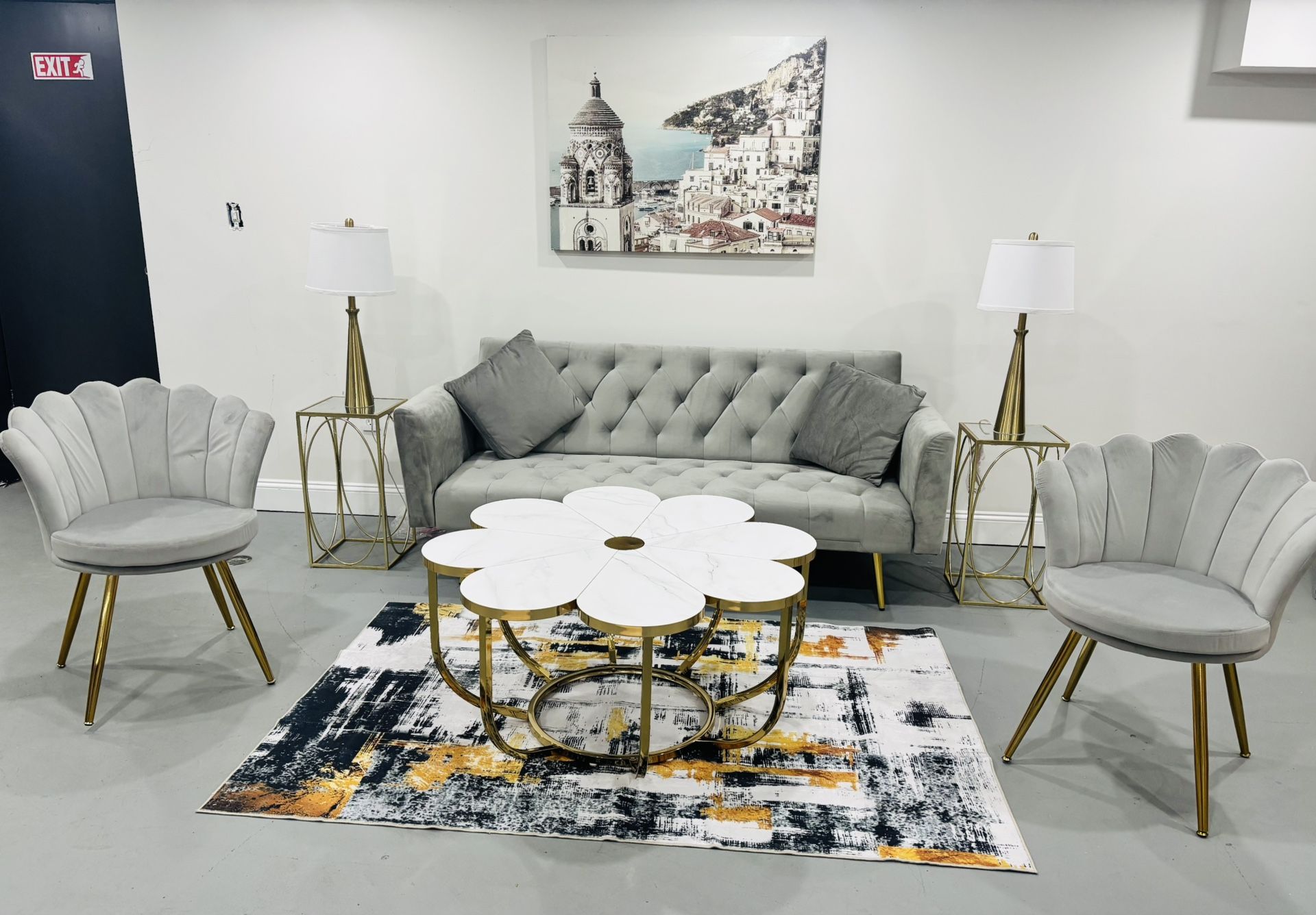 9 Piece Living Room Set: Gray Sofa, Accent Chairs, End Tables w/ Lamps, Petal Coffee Table & Rug NEW