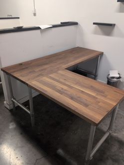 L-Shaped Butcher Block Desk with Pipe Legs
