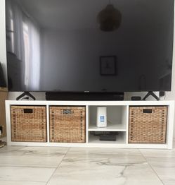 White IKEA TV Stand with Custom Divider + Woven Baskets