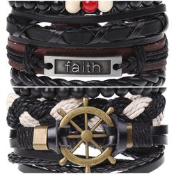2 x Set Adjust. Size up to 9.5inc Leather Bracelet, (Faith-Ship Rudder)