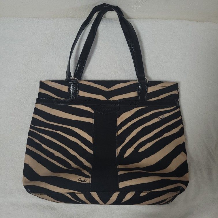 COACH Devin Zebra Stripe Animal Print Canvas Shoulder Bag Satchel Tote