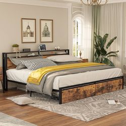 King Bed Frame with Storage Headboard, Platform Bed with Drawers and Charging Station, No Box Spring Needed, Easy Assembly, Vintage Brown