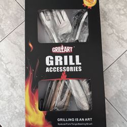 GRILLART BBQ Tools Set - 18” Grilling Tools - Tongs, Spatula, Fork, Brush - Stainless Grill Kit Set