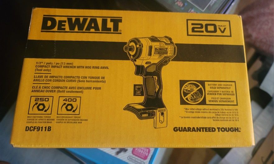 Brand New in Box DeWalt Brushless DCF911B, 1/2" Drive, Compact Impact Wrench w/ Hog Ring Anvil & Belt Hook (Tool only)