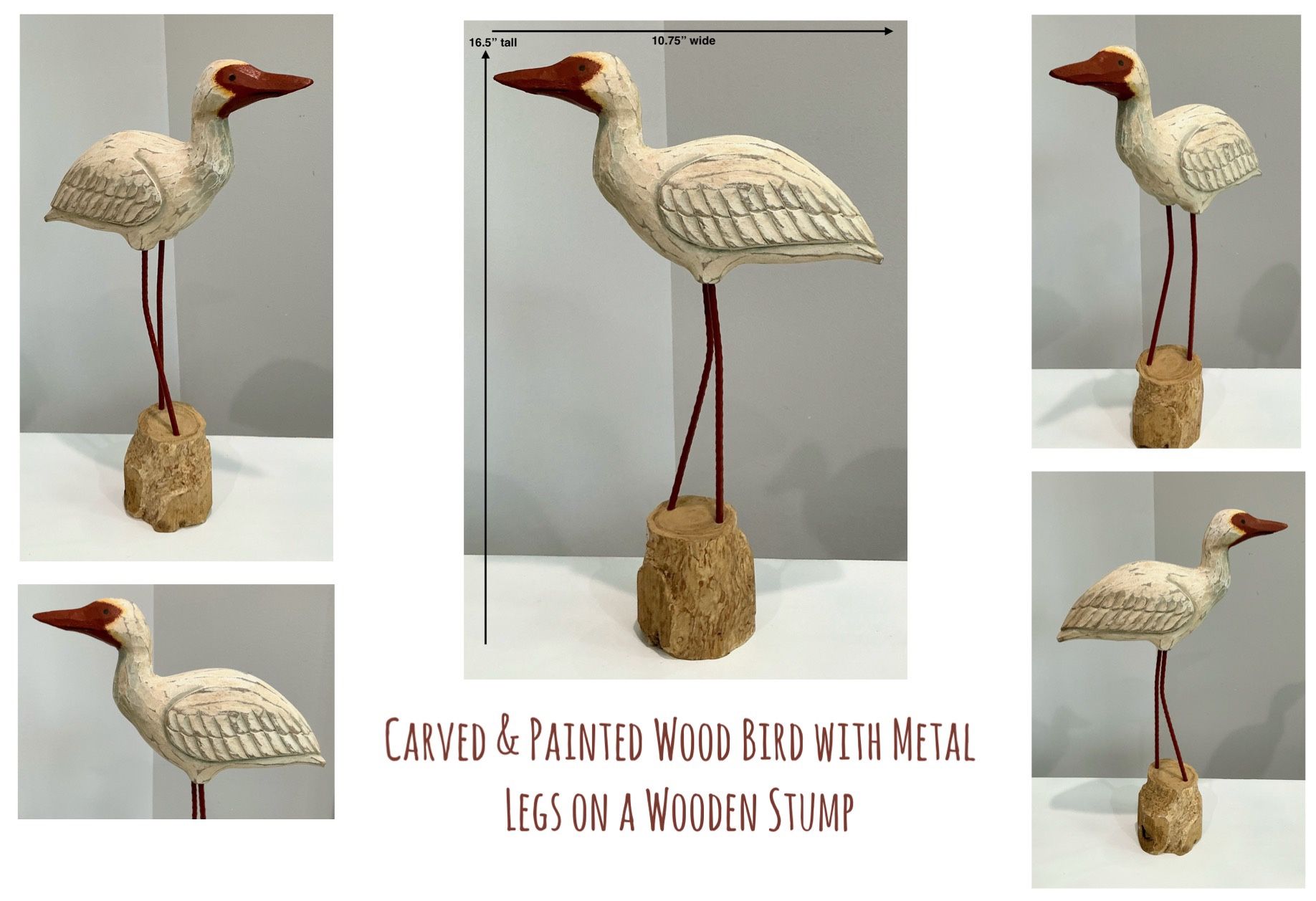 Carved & Painted Wood Bird with Metal Legs on a Wooden Stump
