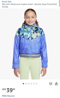 Nike Sportswear Windrunner Big Kids’ (Girls’) Printed Jacket (X-Large , Royal Pulse/Orange Chalk