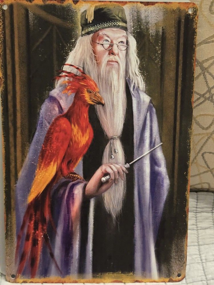 Harry Potter Albus Dumbledore Sign Tin Rustic Portrait with Phoenix Style 8"x12