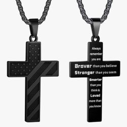Chain w/ Cross “Brave / Stronger” (Stainless Steel) 24”