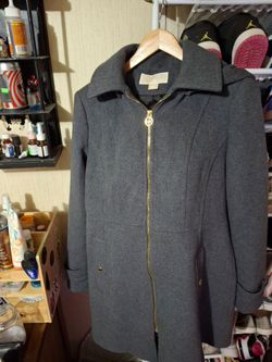 Woman Medium Michael Kors Women's Full Zip Hooded Knee Length Dark Grey wool