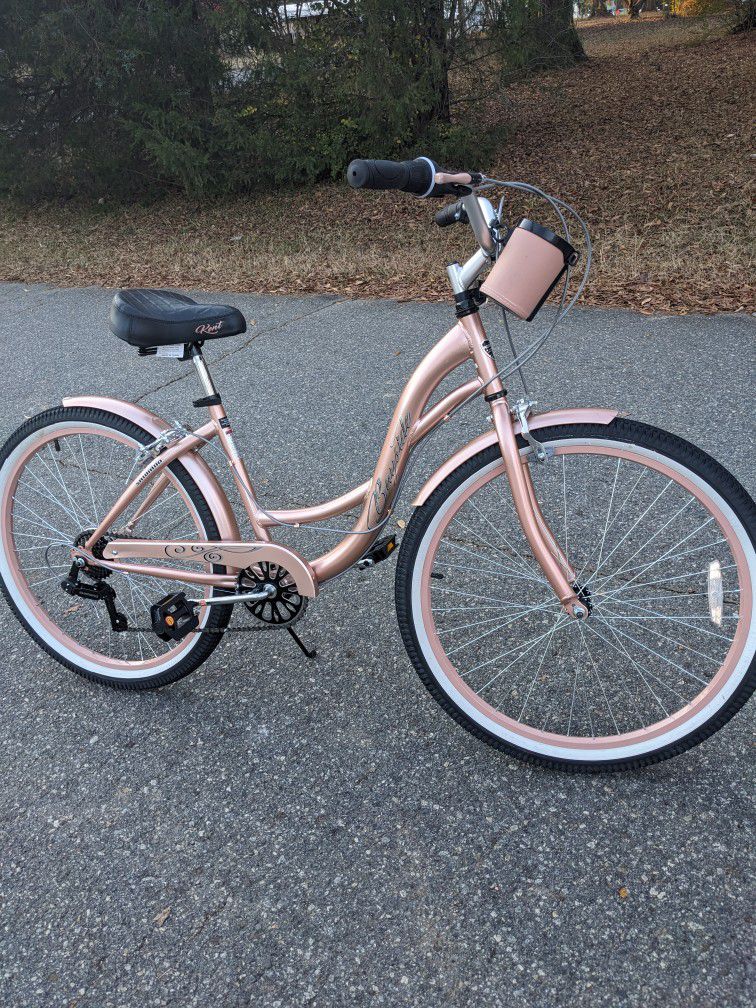 Beautiful Rose Gold Cruiser Bike With Cup And Cell Phone Holder