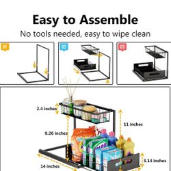 Under Sink Organizers and Storage 2 Tier Slide Out Kitchen Cabinet Organizer Sturdy Metal Bathroom Storage (Black, 2 Pack)