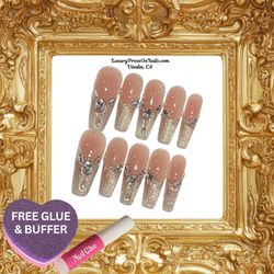 Gold Tip French Gel Cat-eye Length Length Gel Press On Nails 10 Pc Set - FREE GLUE & BUFFER