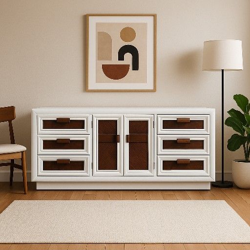 Modern White / Dark Walnut Credenza/Dresser - 68" Wide
