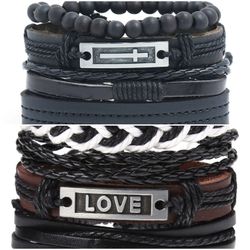 2 x Set Adjust. Size up to 9.5inc Leather Bracelet, (Cross_2-Love)