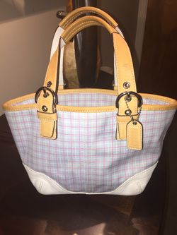 Coach Blue Plaid Tan Leather Dual Strap Purse
