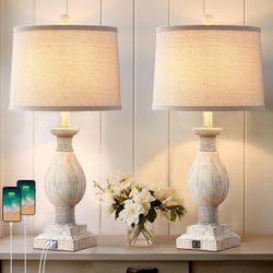 New Rustic Farmhouse Bedside Set of 2 Bed Side Lamps Table Lamps Bulb Not Included White Wash Wood