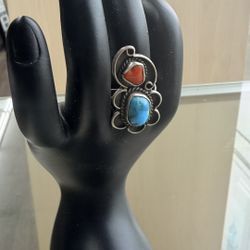 Turquoise And Red Coral Squash Ring Sterling Silver 925