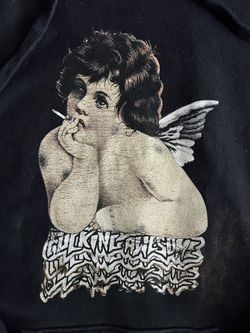 Fucking wesome Black Smoking Angel Hoodie Sweatshirt Men Sz M  (Staining Shown)
