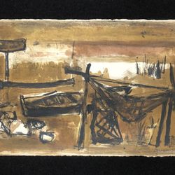 Raymond Guerrier “Boats and Nets” 1956 Signed Lithograph French Mid Century Modern 