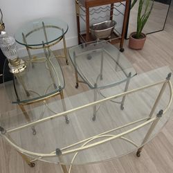 Brass & Glass Three Side Tables and Demi Lune Table