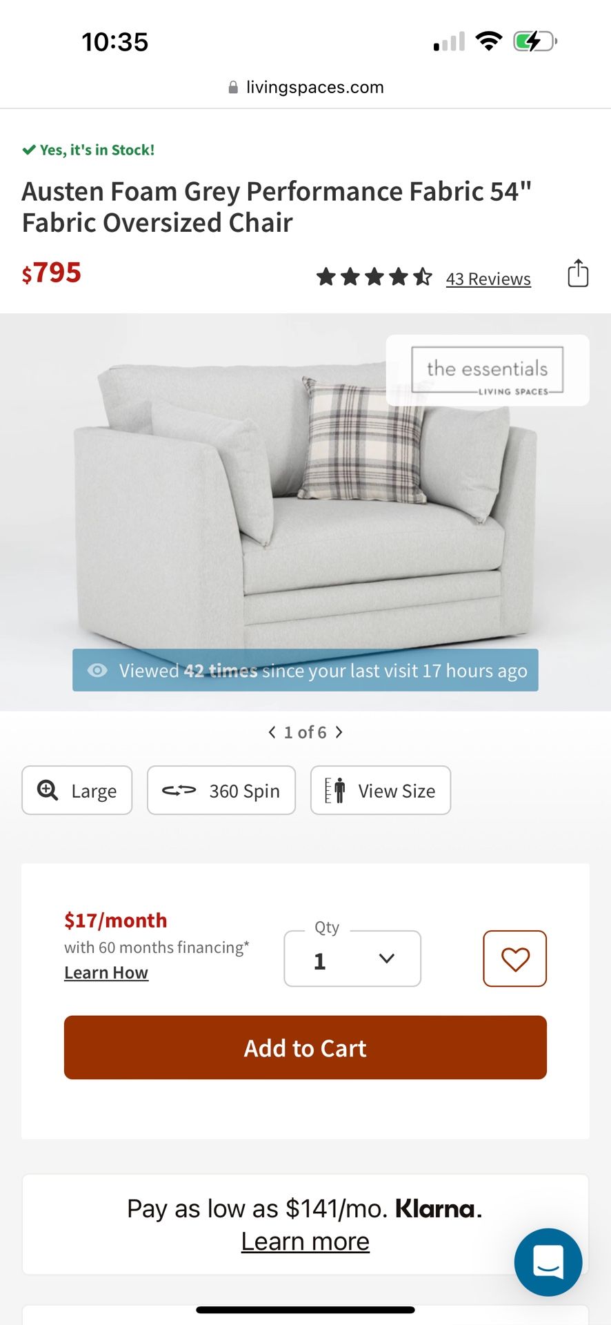 Austen Foam Grey Performance Oversized Chair (living spaces)
