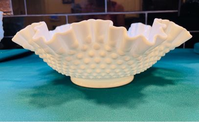 Vintage Fenton opalescent milk glass footed hobnail ruffled edges bowl.