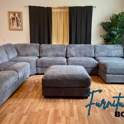 Gray Sectional Sofa With Oversized Chaise & Ottoman