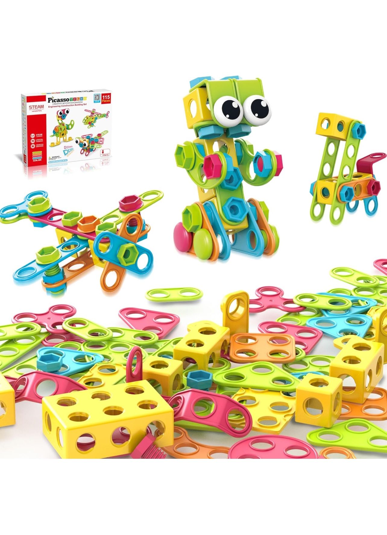 Brandnew 115 Piece Building Blocks Set Kids STEM Toy Construction Engineering Sensory Toys Kit Block Children Early Education Playset with FREE IdeaBo