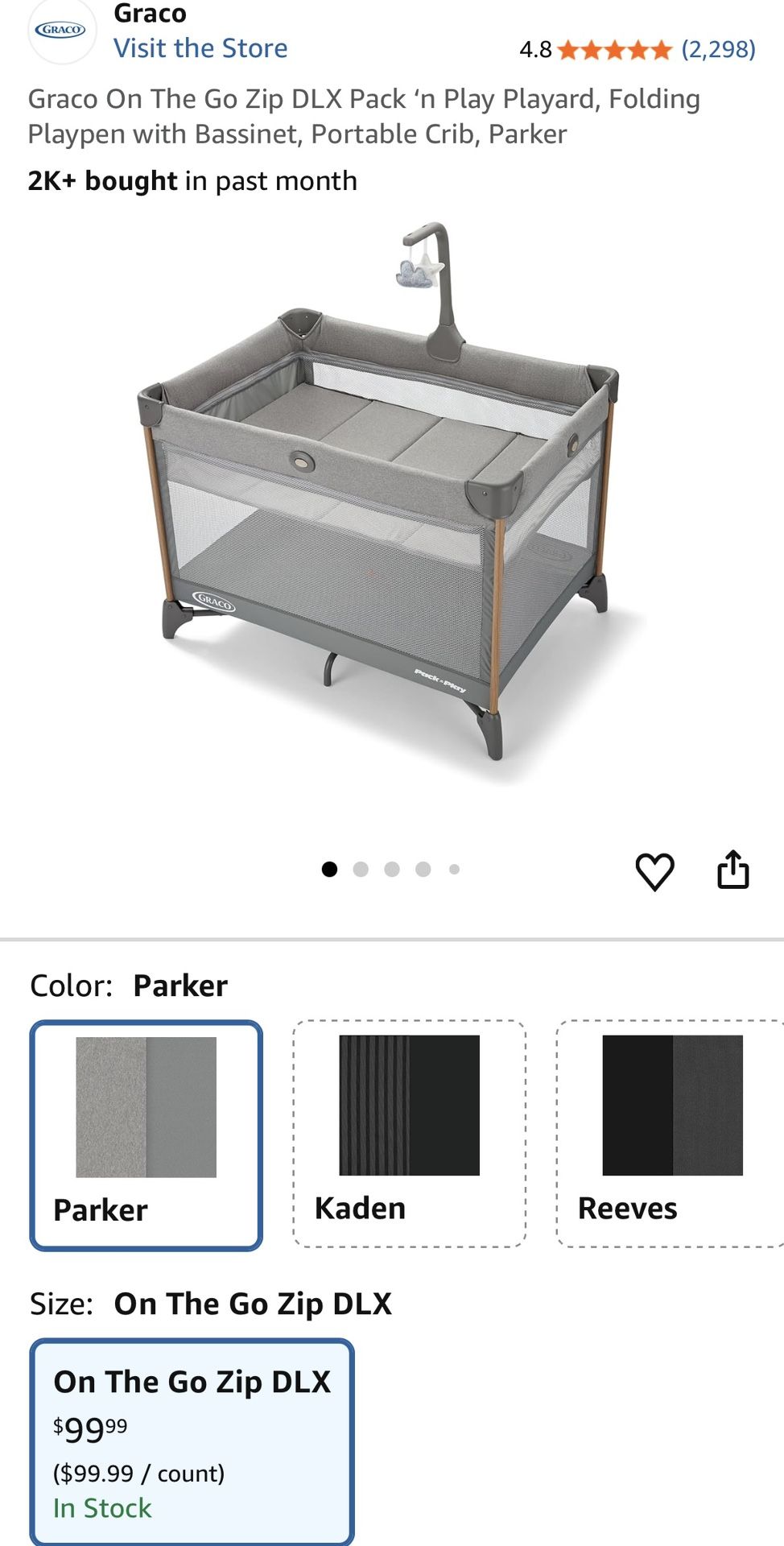 Graco On The Go Zip DLX Pack ‘n Play Playard, Folding Playpen with Bassinet, Portable Crib, Parker