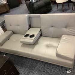 New Grey Leather Futon W/ Pull-down Cup Holder