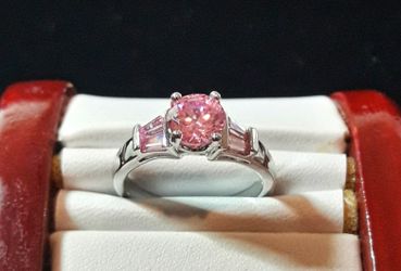 925 EP Cocktail Ring, Round Cushion Cut Pink Topaz w (4) Fancy Cut Pink Topaz Accents. Size 8