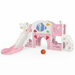 8-in-1 Toddler Slide Playset with Basketball Hoop & Telescope – Pink Fish, Fully Assembled
