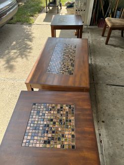 Wood Coffee Table and End Tables with Mosaic Tile Inlay