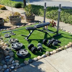 Weight Bench w/ Weights and Dumbbells