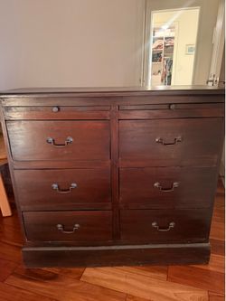 Thai-Made Solid Wood 6-Drawer Dresser with Pull-Out Trays, Dark Mahogany Finish. Dimensions: 39" W x 16" D x 35" H (100 x 40 x 90 cm)