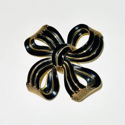 Rare Gold-tone & Black Enamel Bow Brooch Vintage Crown Trifari
