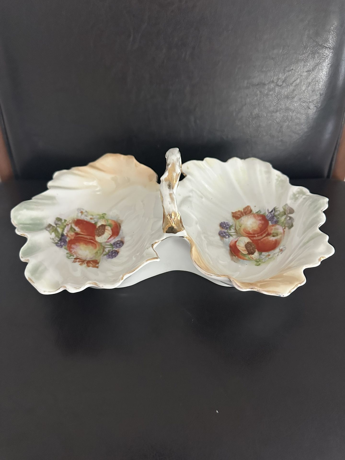 Antique Porcelain double Shell Serving Dish with handle Fruit Motif Germany