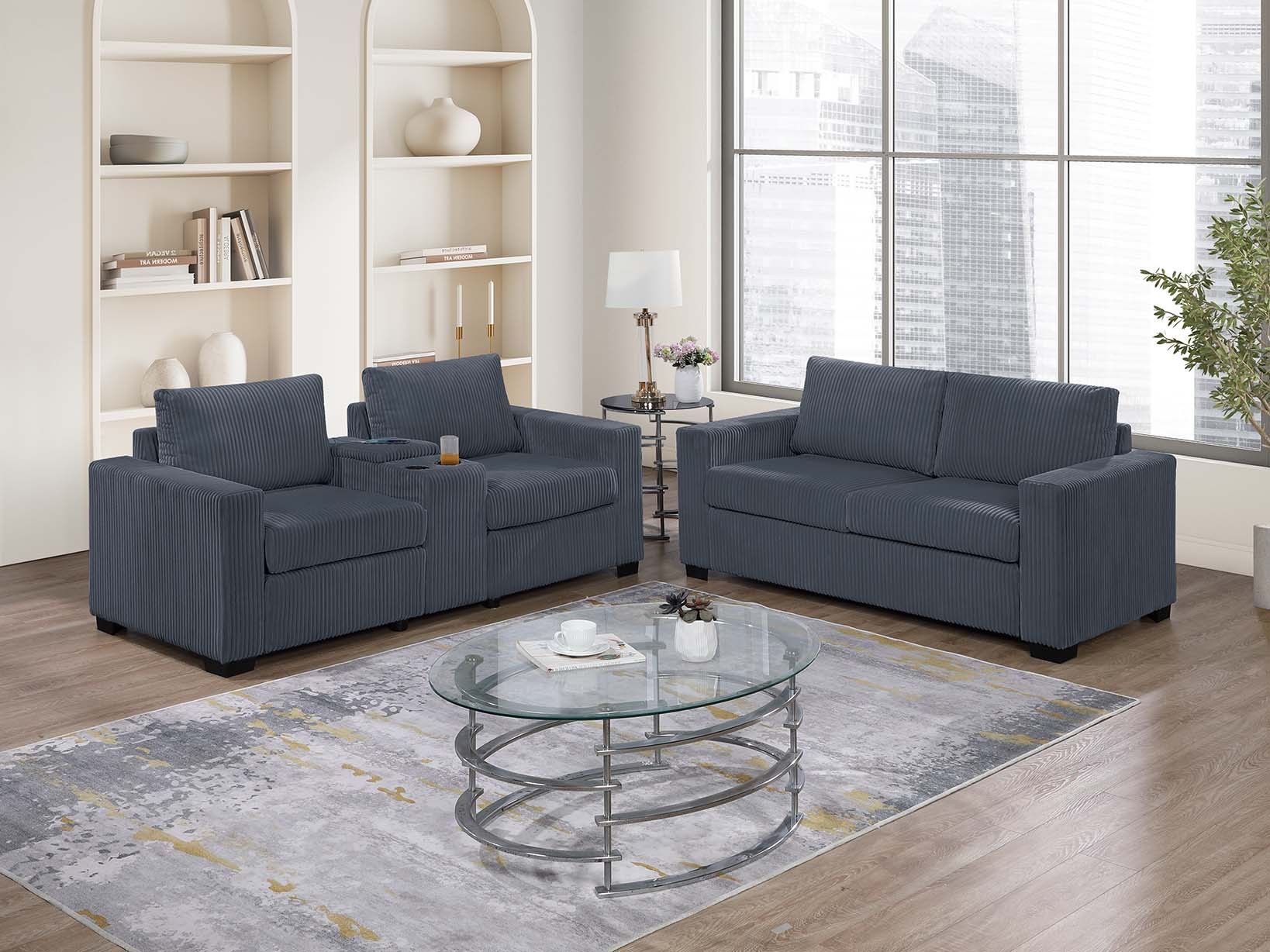 Dark Grey Corduroy Sofa Loveseat Set Center Console With USB Charging Port And Cup Holders Brand New Firm Price $499