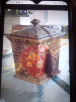 LEOPARD PRINT AND FLORAL CERAMIC CANISTER WITH TASSEL