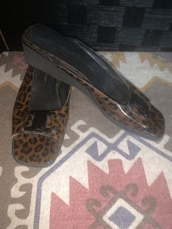 Patent leather leopard print wedge slides by Salvatore Ferragamo 8 1/2