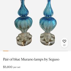 1940’s Pair of blue Murano lamps by Seguso Mid-Century Home Decor