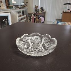 Antique American Brilliant Cut Crystal Glass Candy Bowl W/Saw Tooth Edges & Textured Bottom Made In Early 20th Century 6"W X 1.5"H 