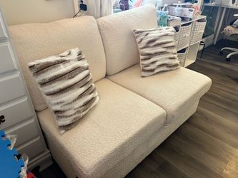 Cream Boucle Loveseat Sofa w/ Storage + Pillows