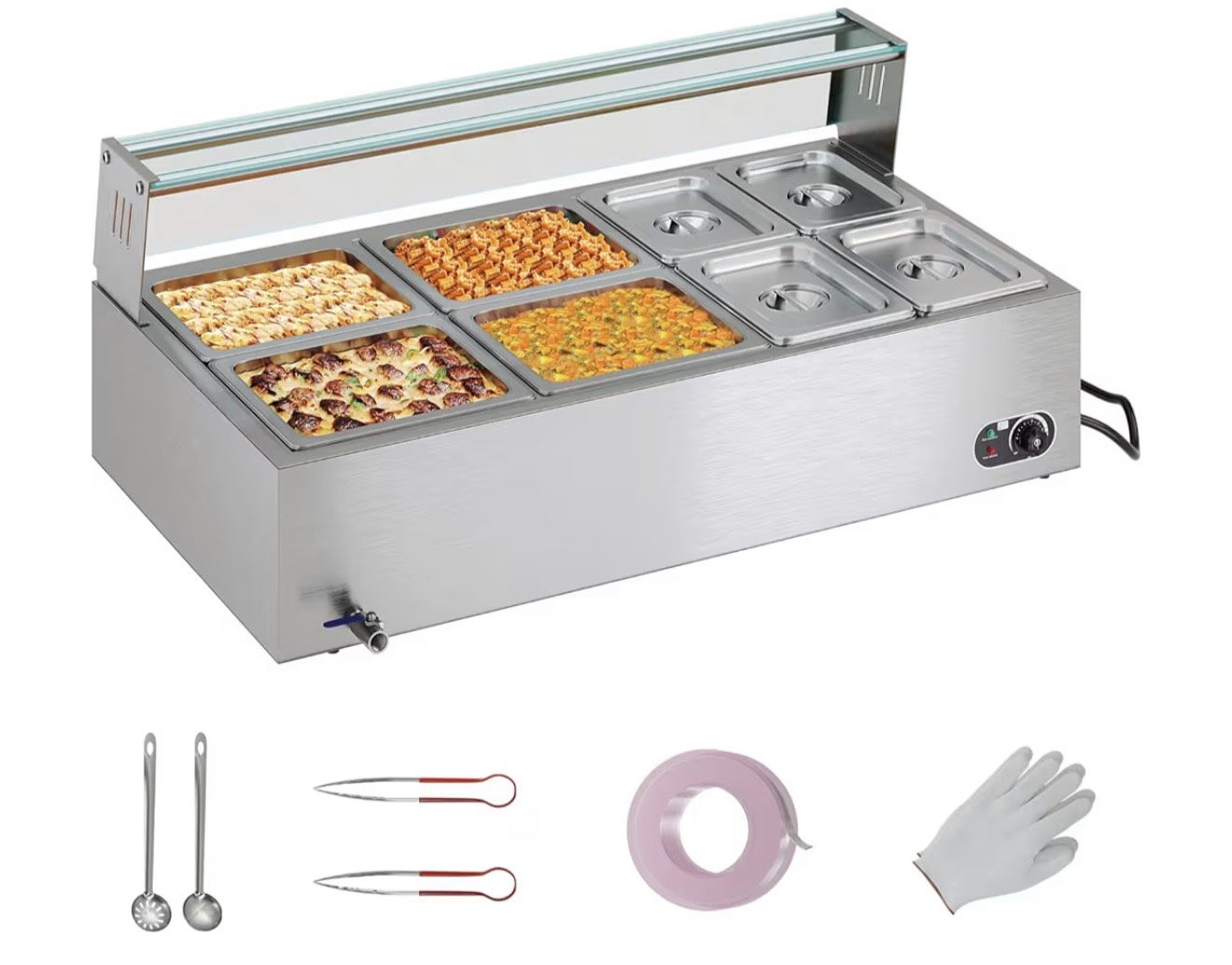 Brand New In The Box- Jocisland 8-Pan 72QT Commercial Food Warmer, 1500W, Stainless Steel with Glass Lid & Food Tongs, 86-185°F Adjustable Heat for Ca