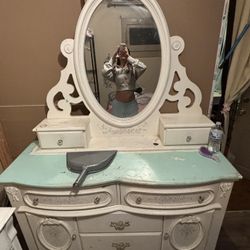 white & blue with floral designs dresser/vanity with mirror 
