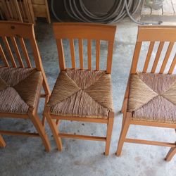 Pier One Wood Bar Stools W/ Rattan Raffia Seats 