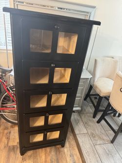 Black Wood Wine Cabinet with Glass Panels